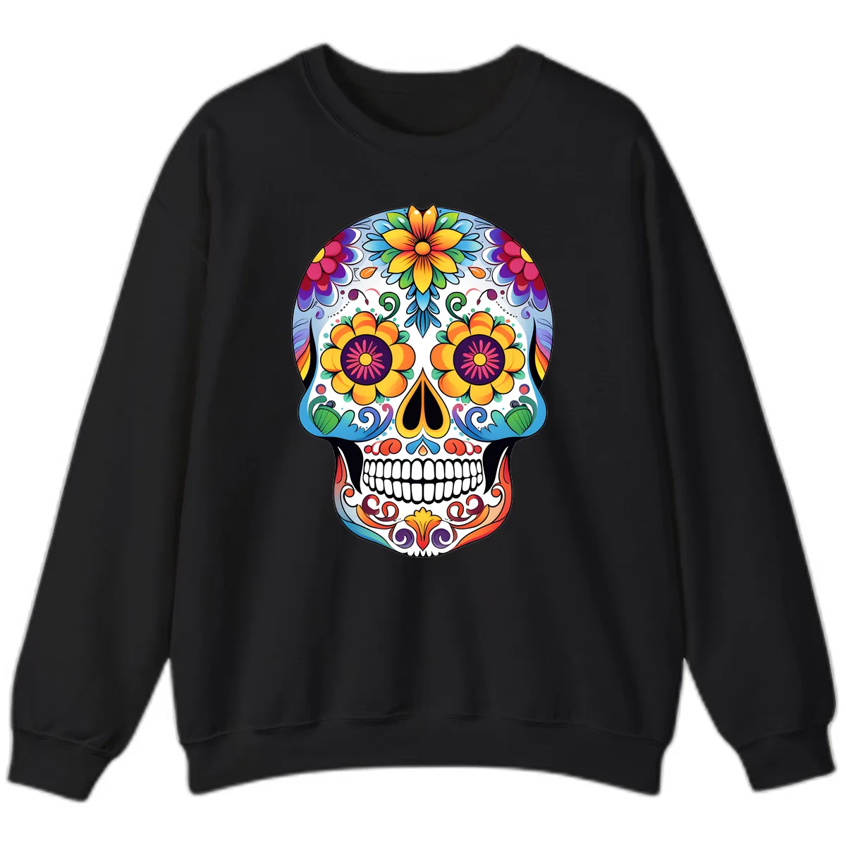 Vibrant Floral Sugar Skull Calavera Sweatshirt in Black
