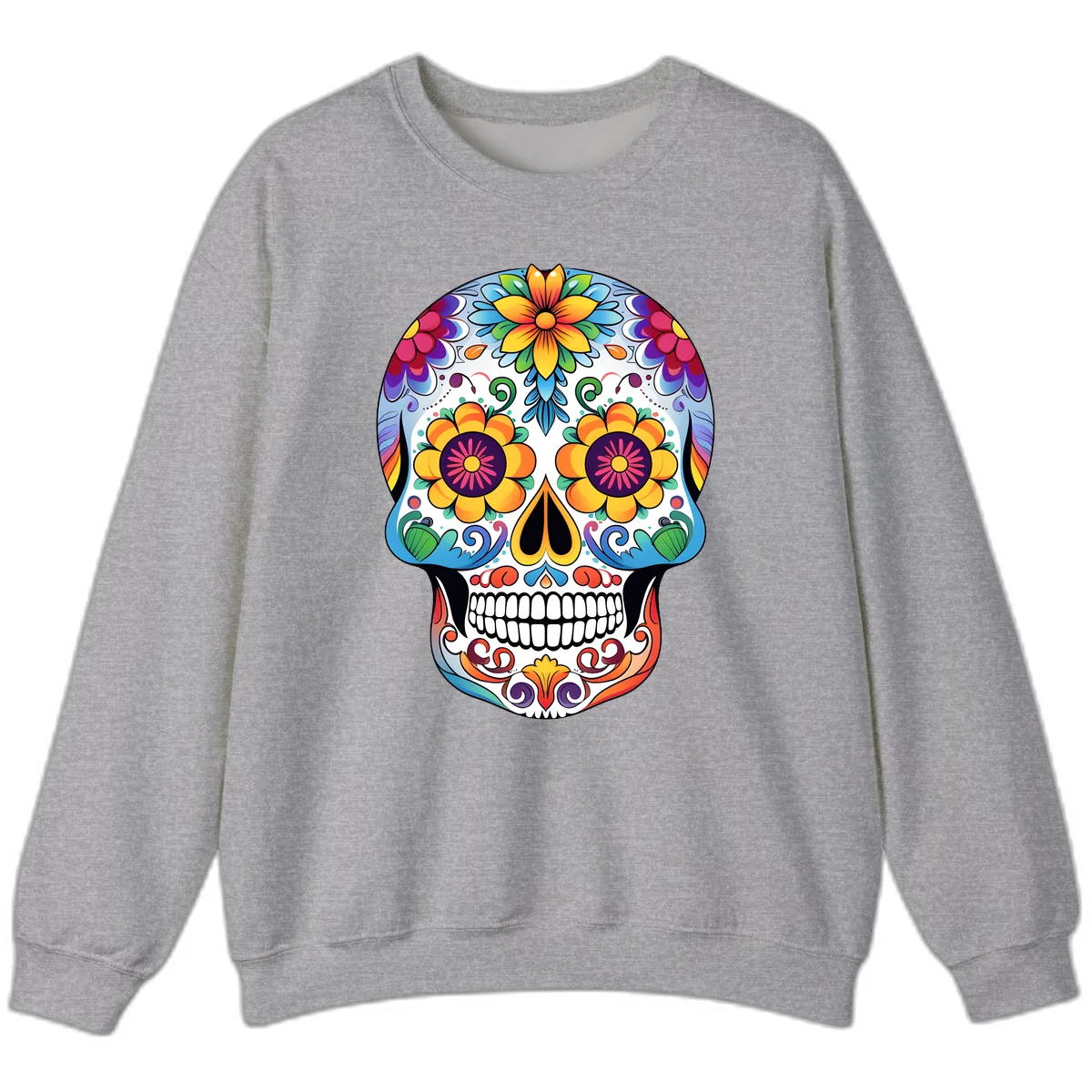 Vibrant Floral Sugar Skull Calavera Sweatshirt in Sport Grey