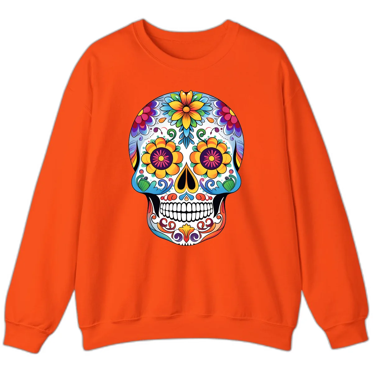 Vibrant Floral Sugar Skull Calavera Sweatshirt in Orange