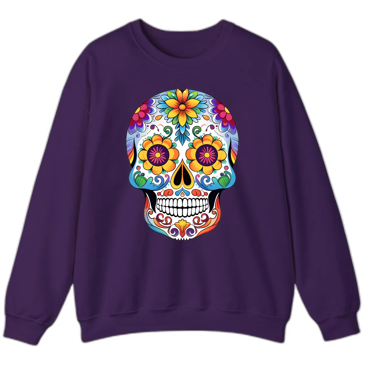 Vibrant Floral Sugar Skull Calavera Sweatshirt in Purple