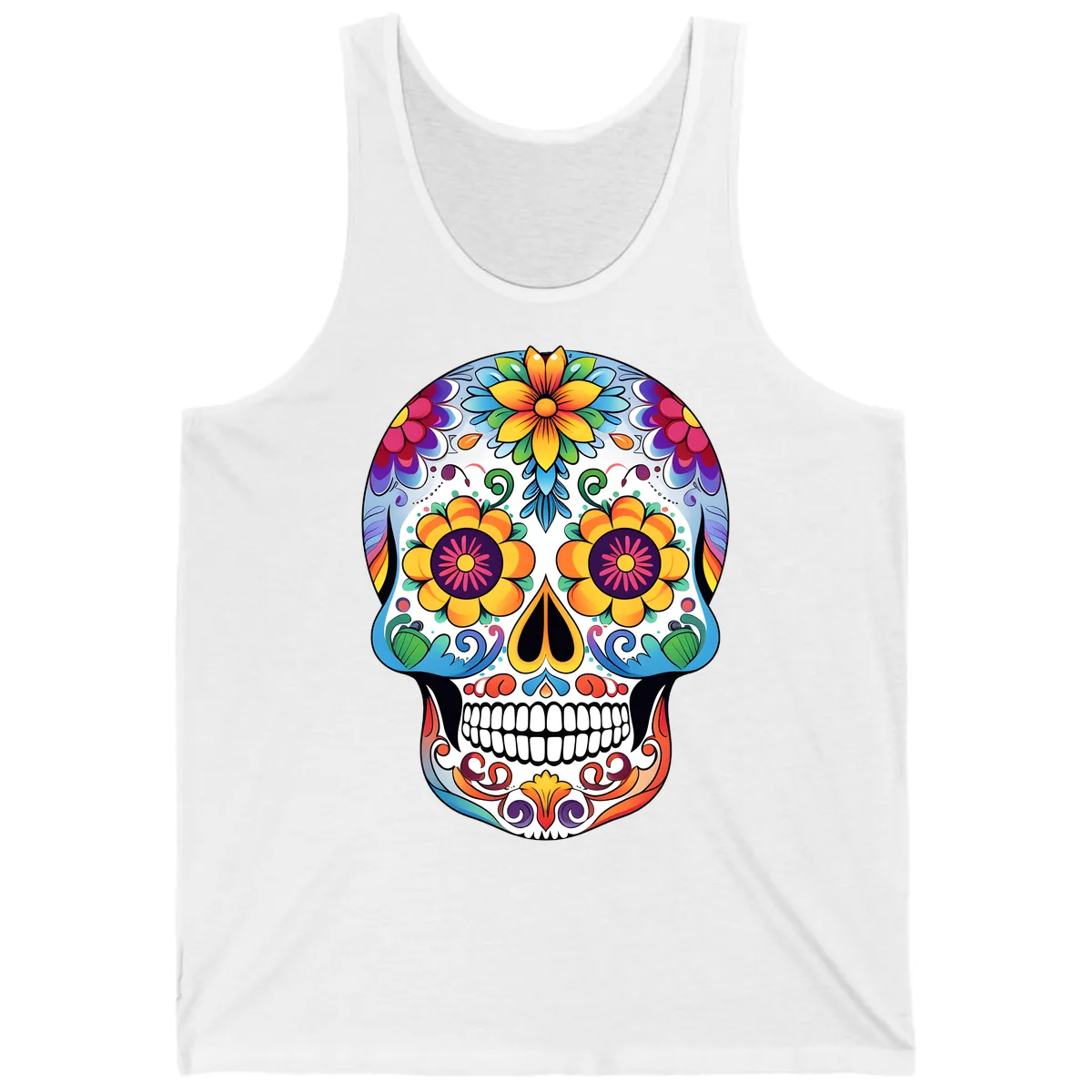 Vibrant Floral Sugar Skull Calavera Tank in White