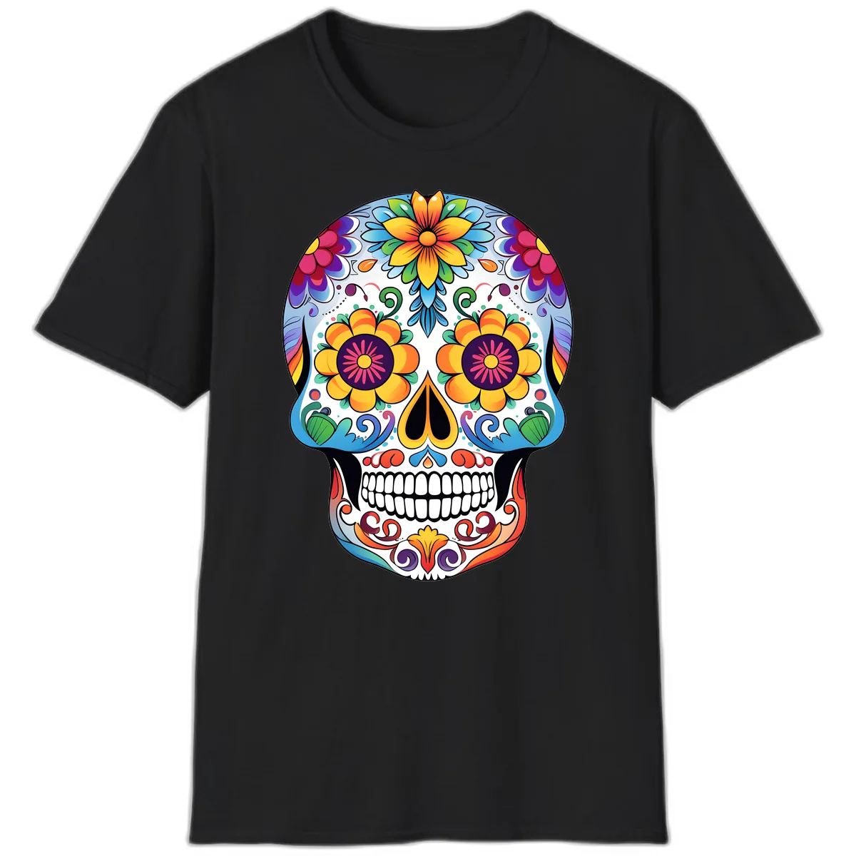 Vibrant Floral Sugar Skull Calavera T-Shirt in Black