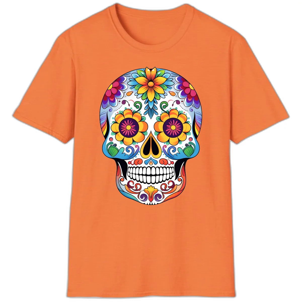 Vibrant Floral Sugar Skull Calavera T-Shirt in Heather Orange