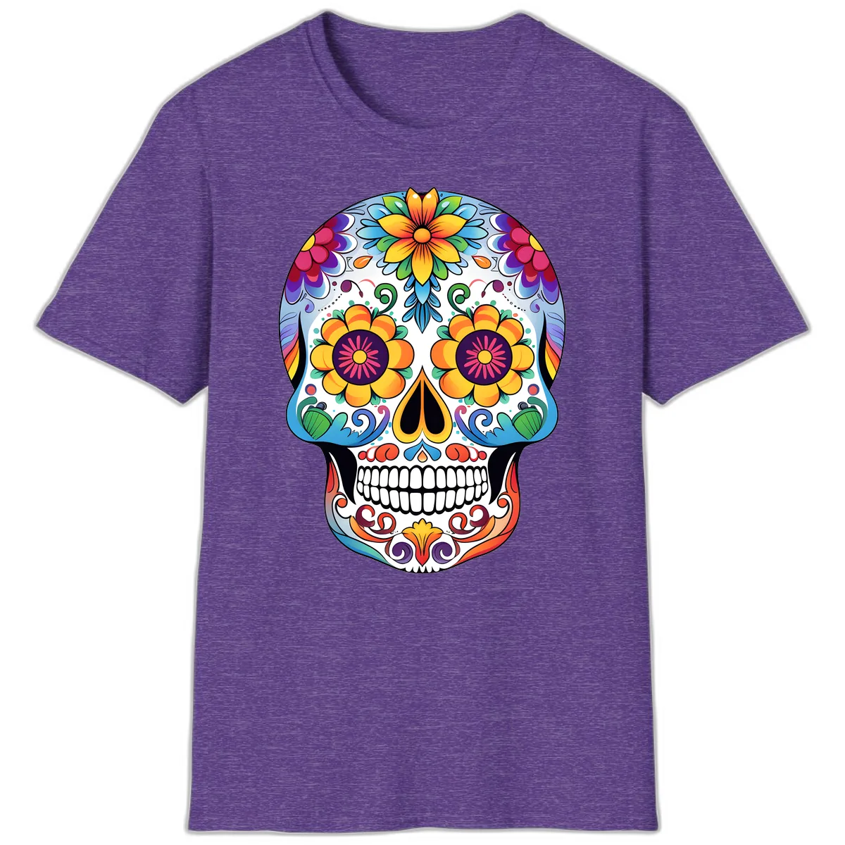 Vibrant Floral Sugar Skull Calavera T-Shirt in Heather Purple