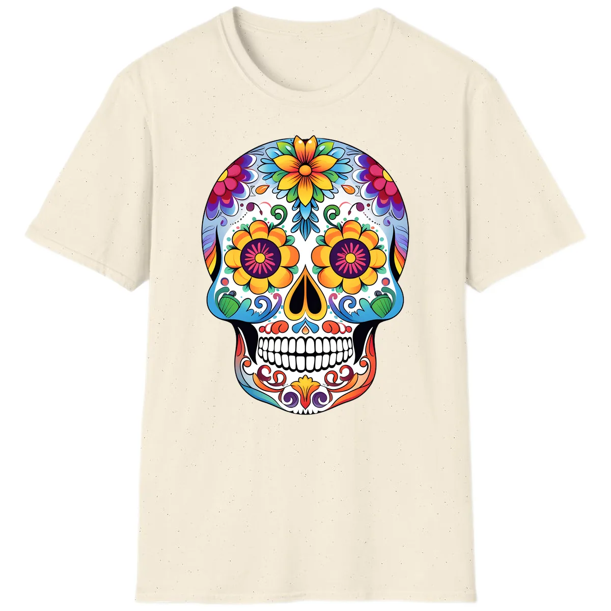 Vibrant Floral Sugar Skull Calavera T-Shirt in Natural