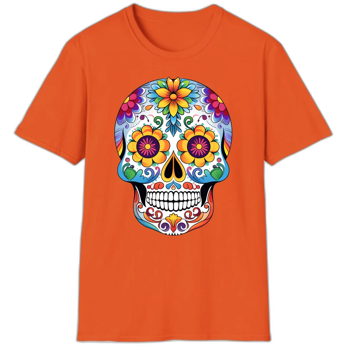Vibrant Floral Sugar Skull Calavera T-Shirt in Orange