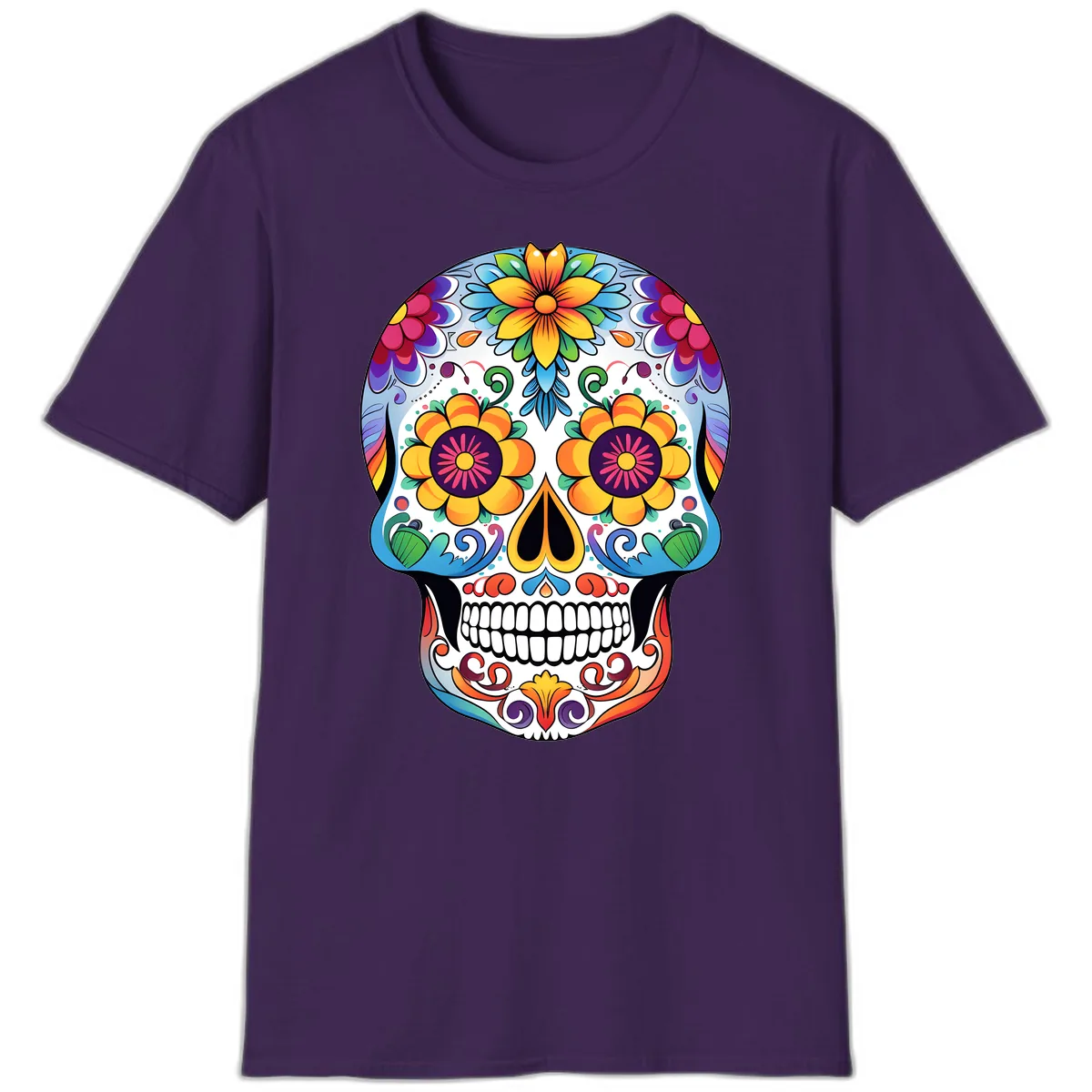 Vibrant Floral Sugar Skull Calavera T-Shirt in Purple