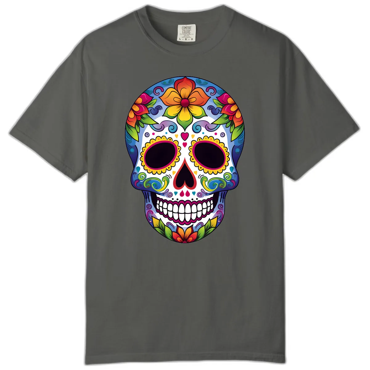 Vibrant Floral Calavera Sugar Skull Comfort Color in Pepper