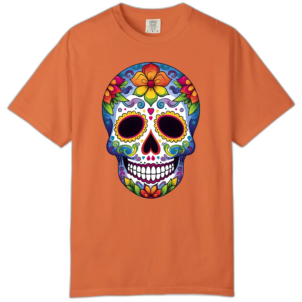 Vibrant Floral Calavera Sugar Skull Comfort Color in Burnt Orange