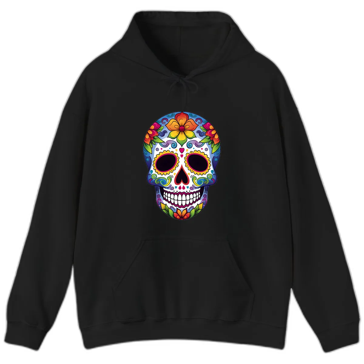 Vibrant Floral Calavera Sugar Skull Hoodie in Black