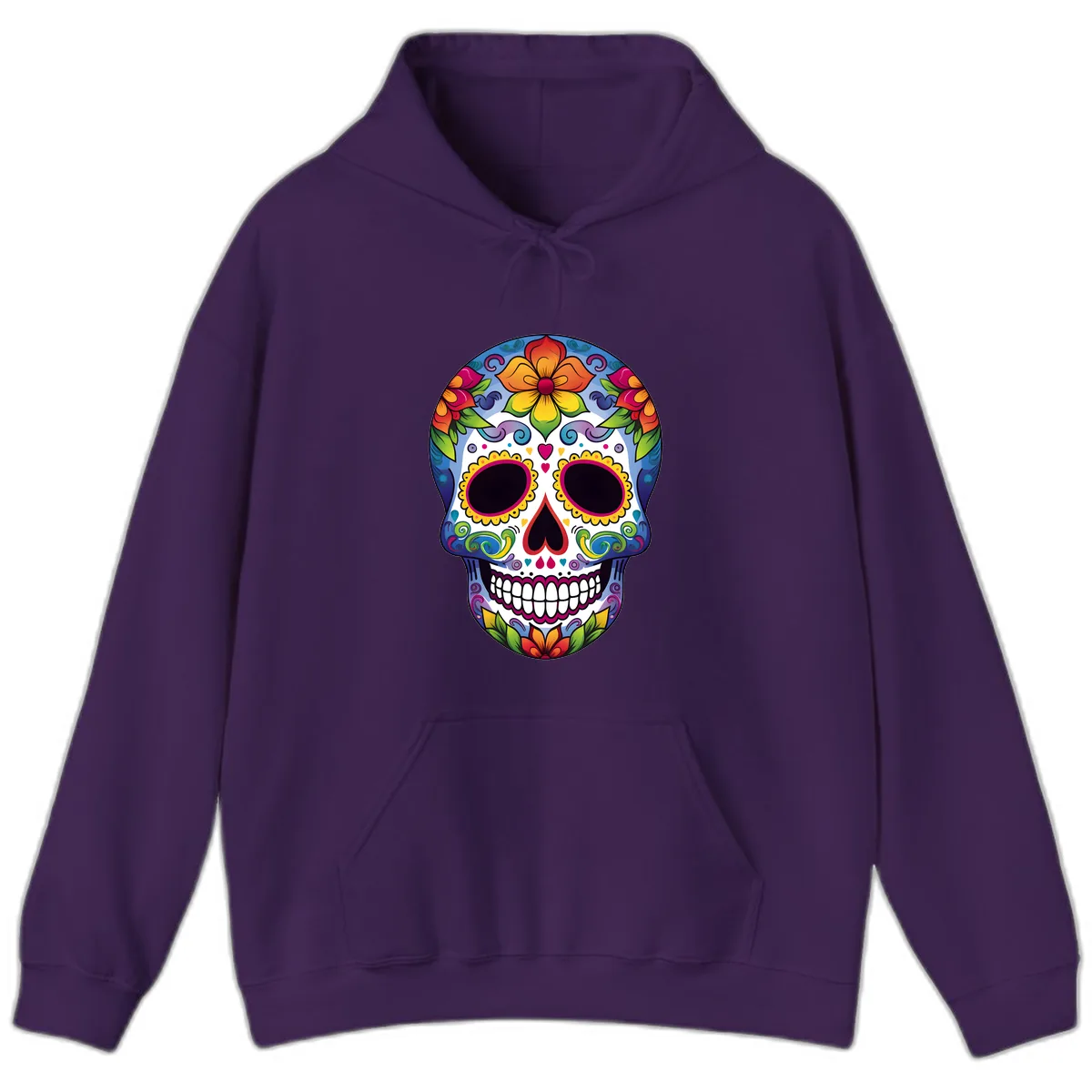 Vibrant Floral Calavera Sugar Skull Hoodie in Purple