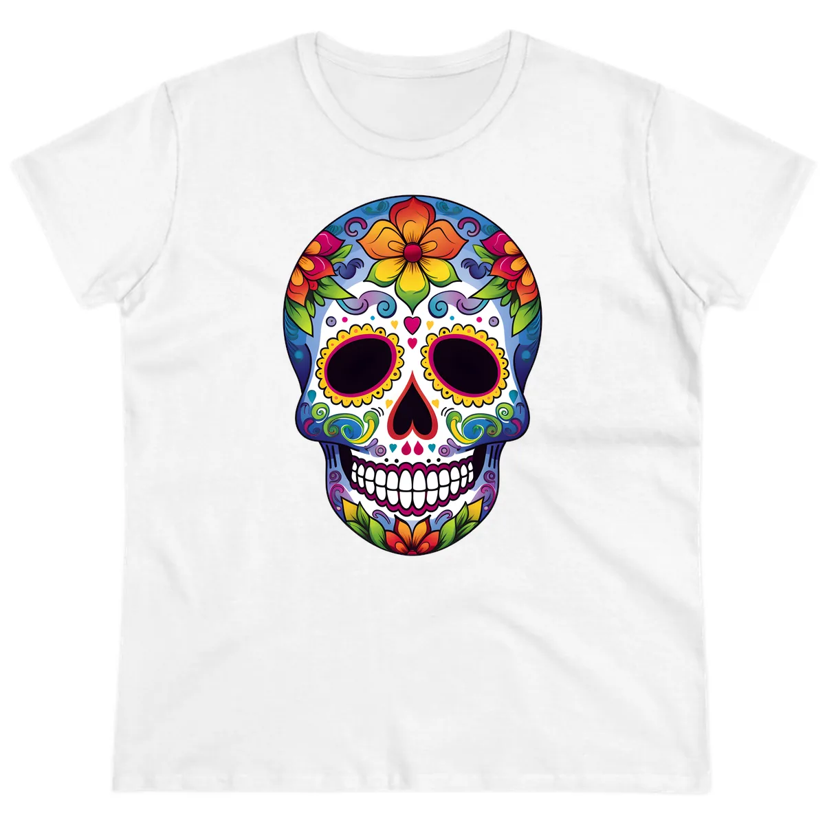 Vibrant Floral Calavera Sugar Skull Ladies Tee in White