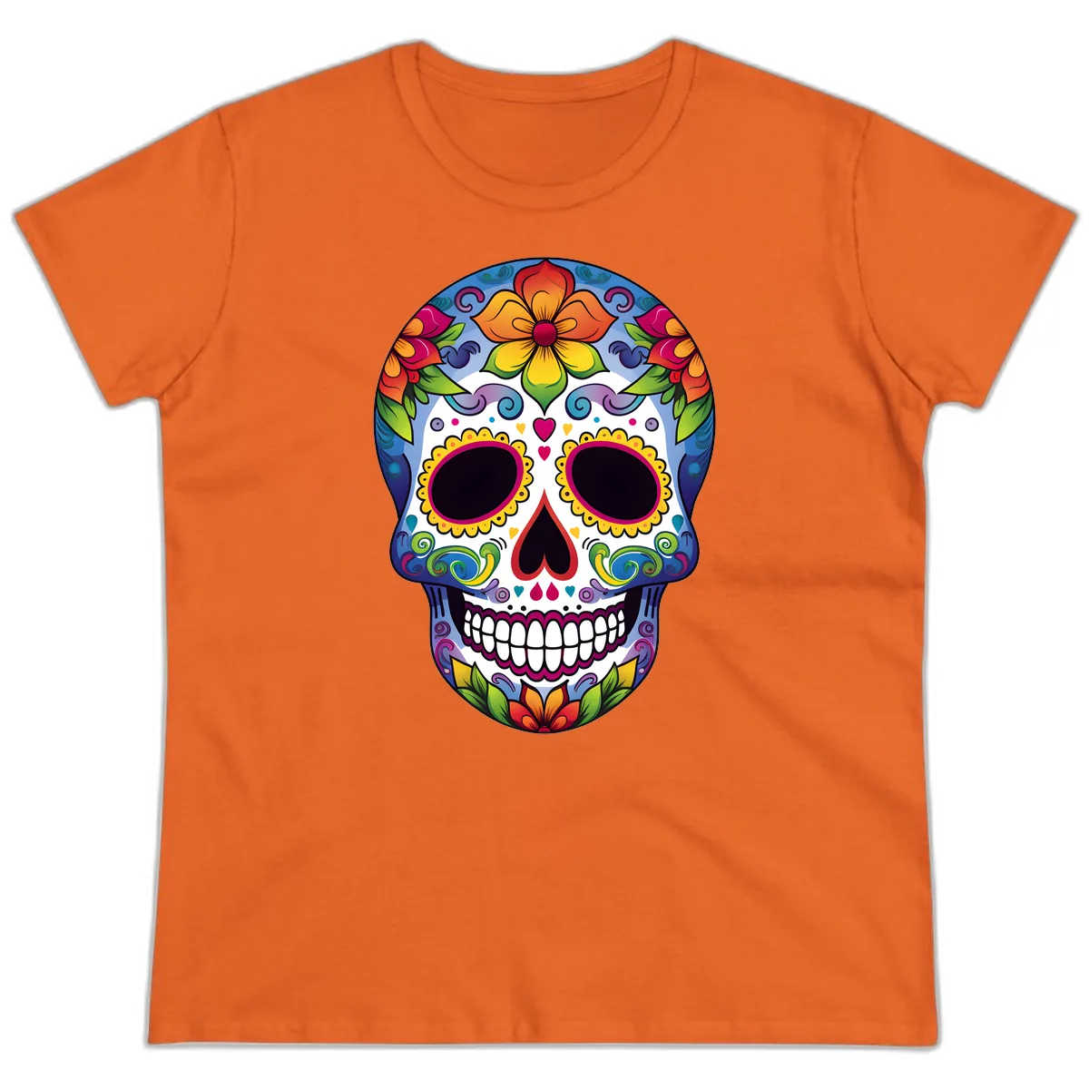Vibrant Floral Calavera Sugar Skull Ladies Tee in Orange
