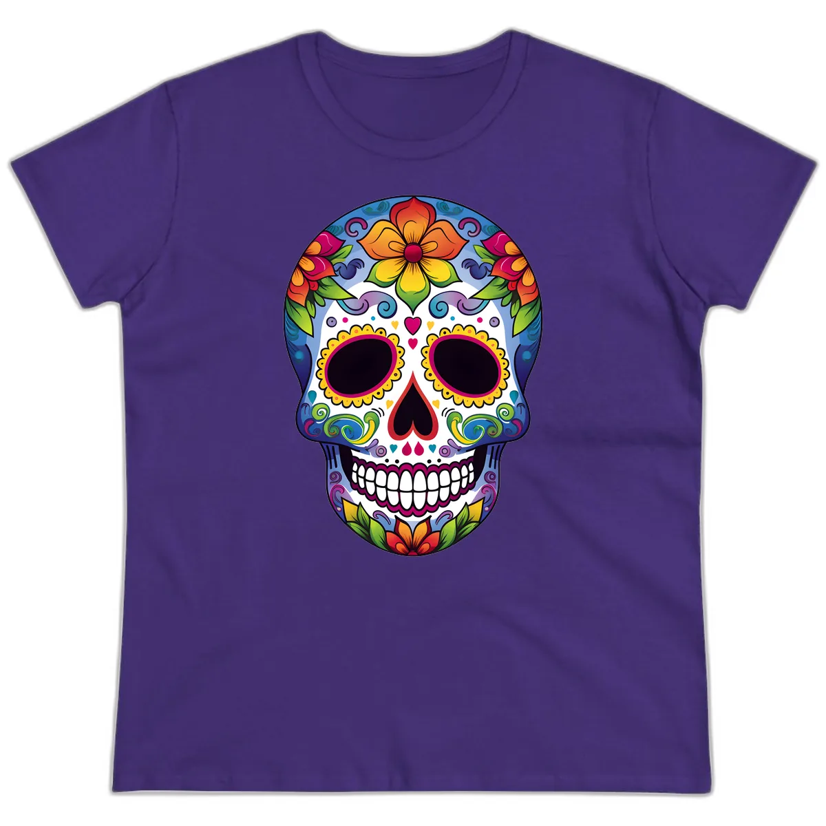 Vibrant Floral Calavera Sugar Skull Ladies Tee in Purple