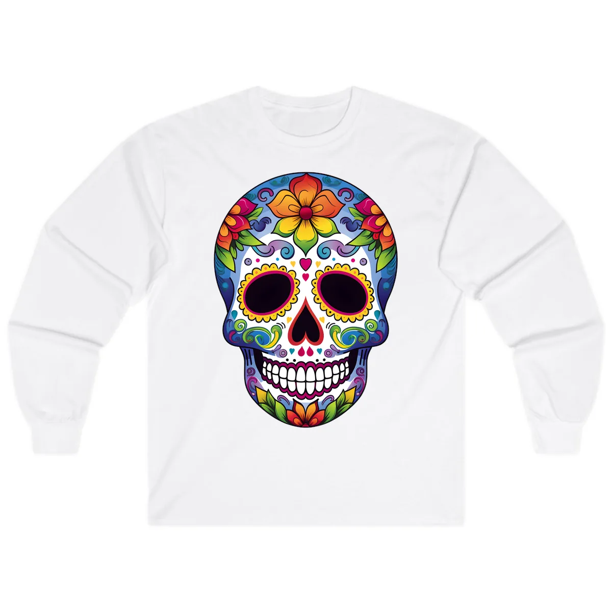 Vibrant Floral Calavera Sugar Skull Long Sleeve in White