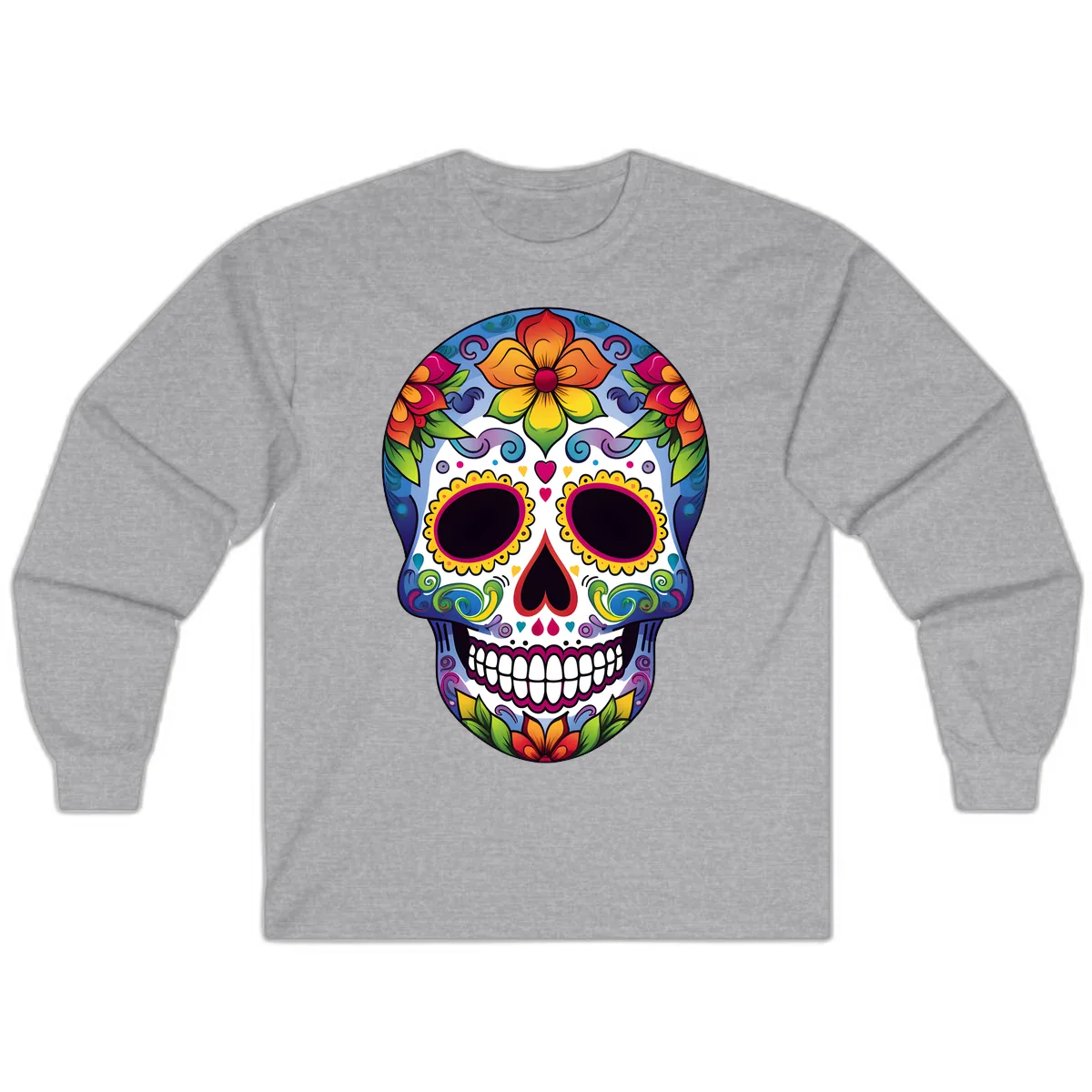Vibrant Floral Calavera Sugar Skull Long Sleeve in Sport Grey