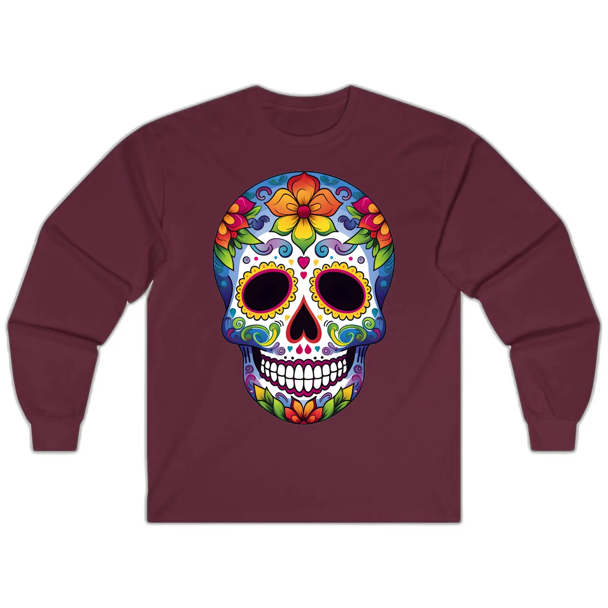 Vibrant Floral Calavera Sugar Skull Long Sleeve in Maroon