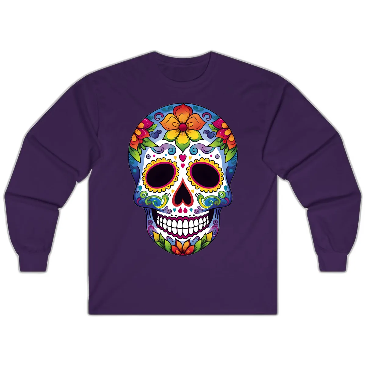 Vibrant Floral Calavera Sugar Skull Long Sleeve in Purple