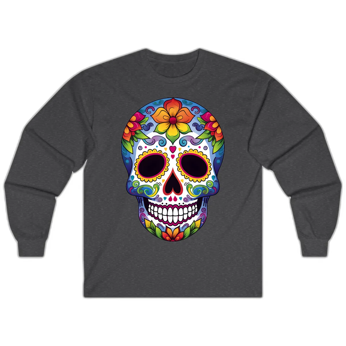 Vibrant Floral Calavera Sugar Skull Long Sleeve in Dark Heather