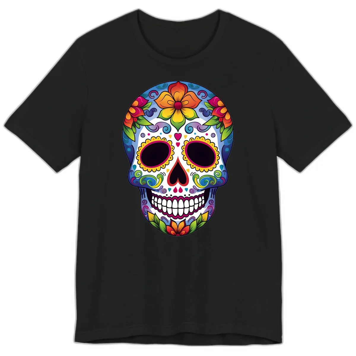 Vibrant Floral Calavera Sugar Skull Premium T-Shirt in Black