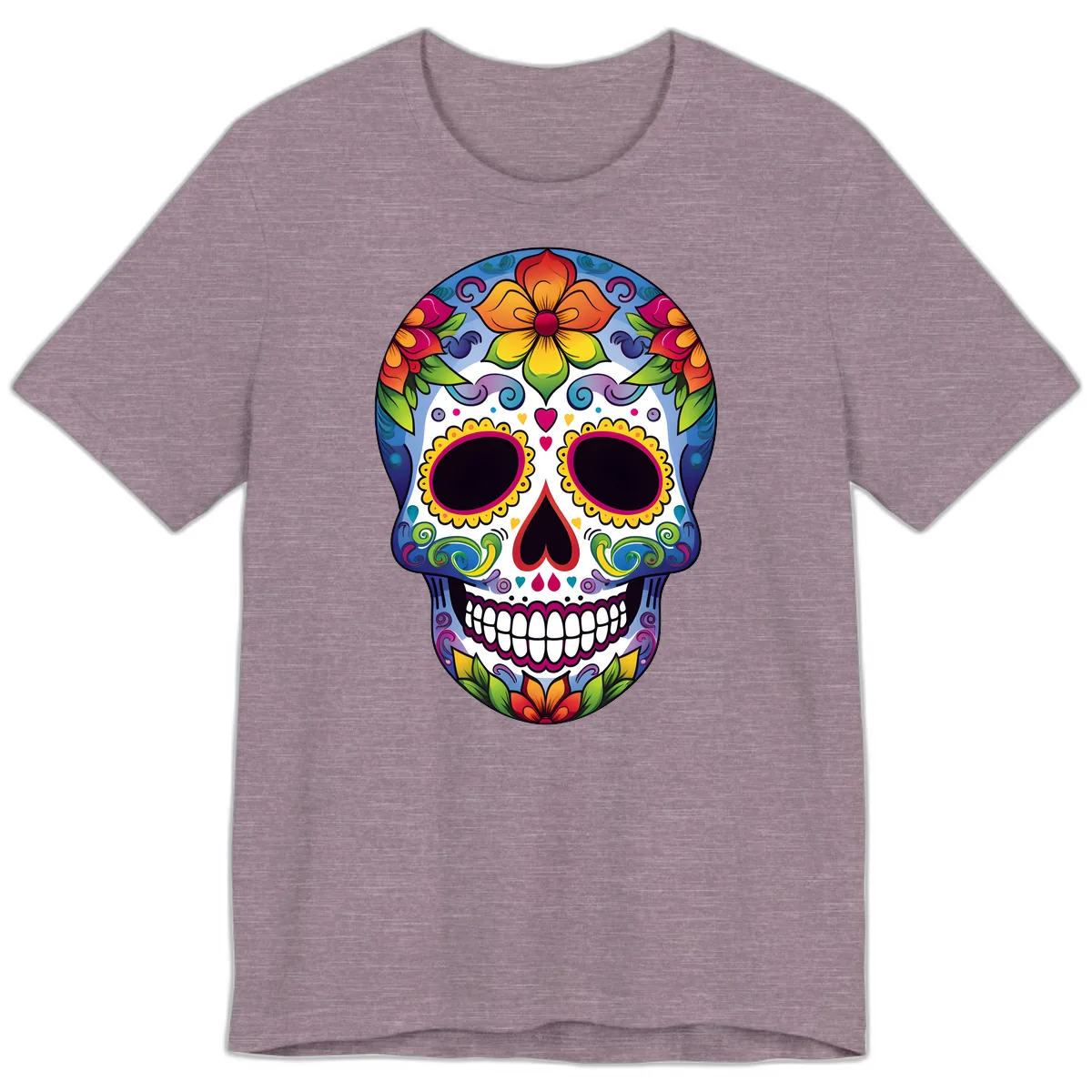 Vibrant Floral Calavera Sugar Skull Premium T-Shirt in Heather Purple