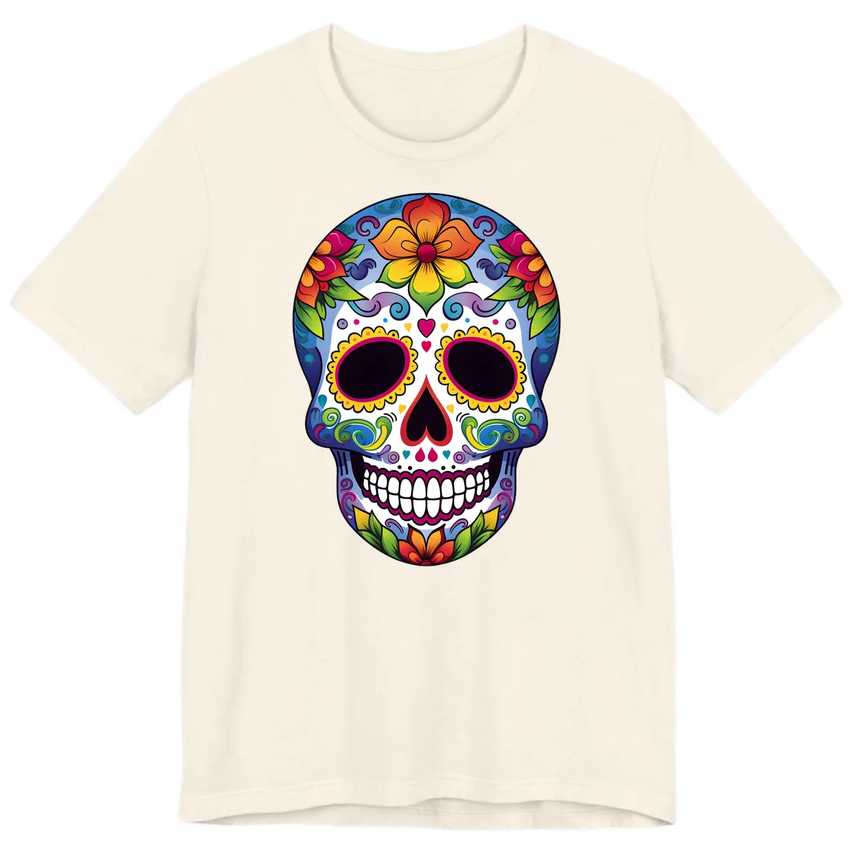 Vibrant Floral Calavera Sugar Skull Premium T-Shirt in Natural