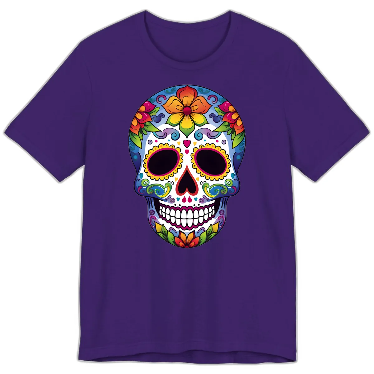 Vibrant Floral Calavera Sugar Skull Premium T-Shirt in Team Purple