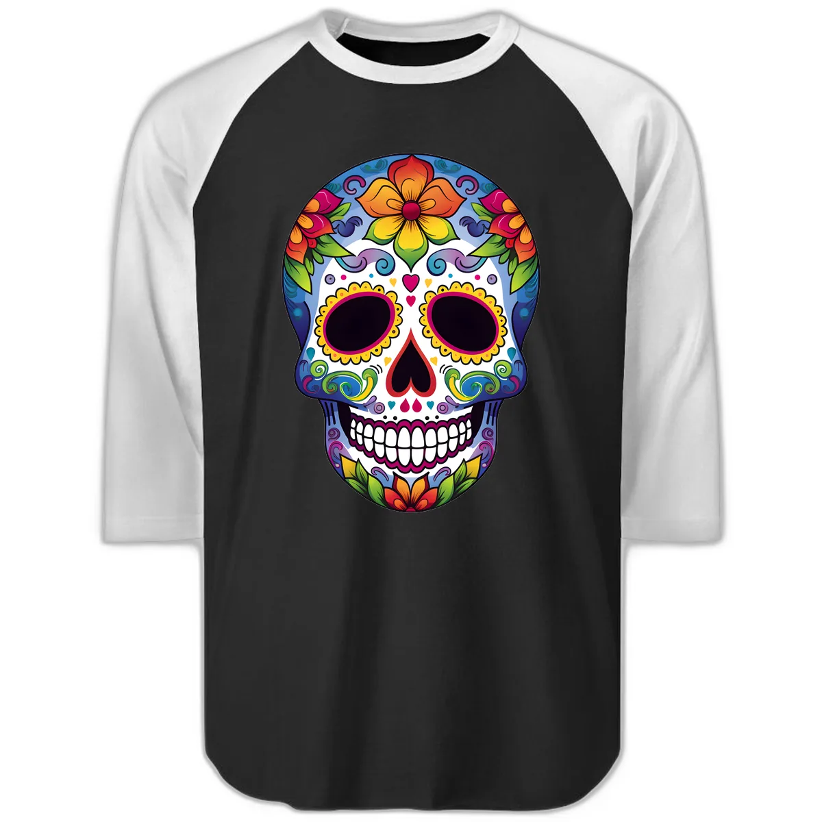Vibrant Floral Calavera Sugar Skull Raglan 3/4 in Black White