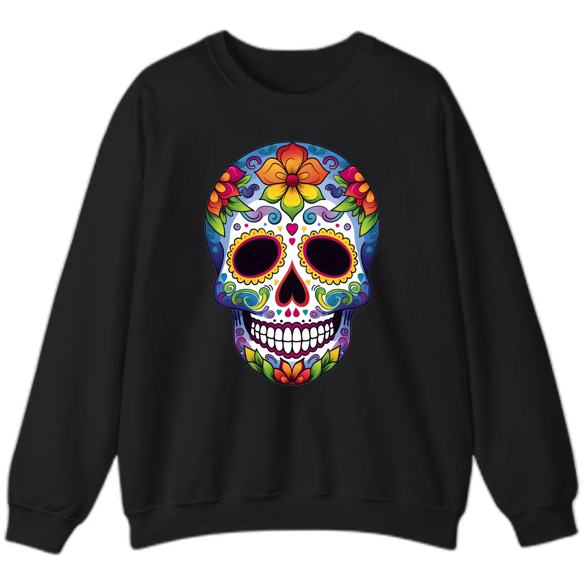 Vibrant Floral Calavera Sugar Skull Sweatshirt in Black