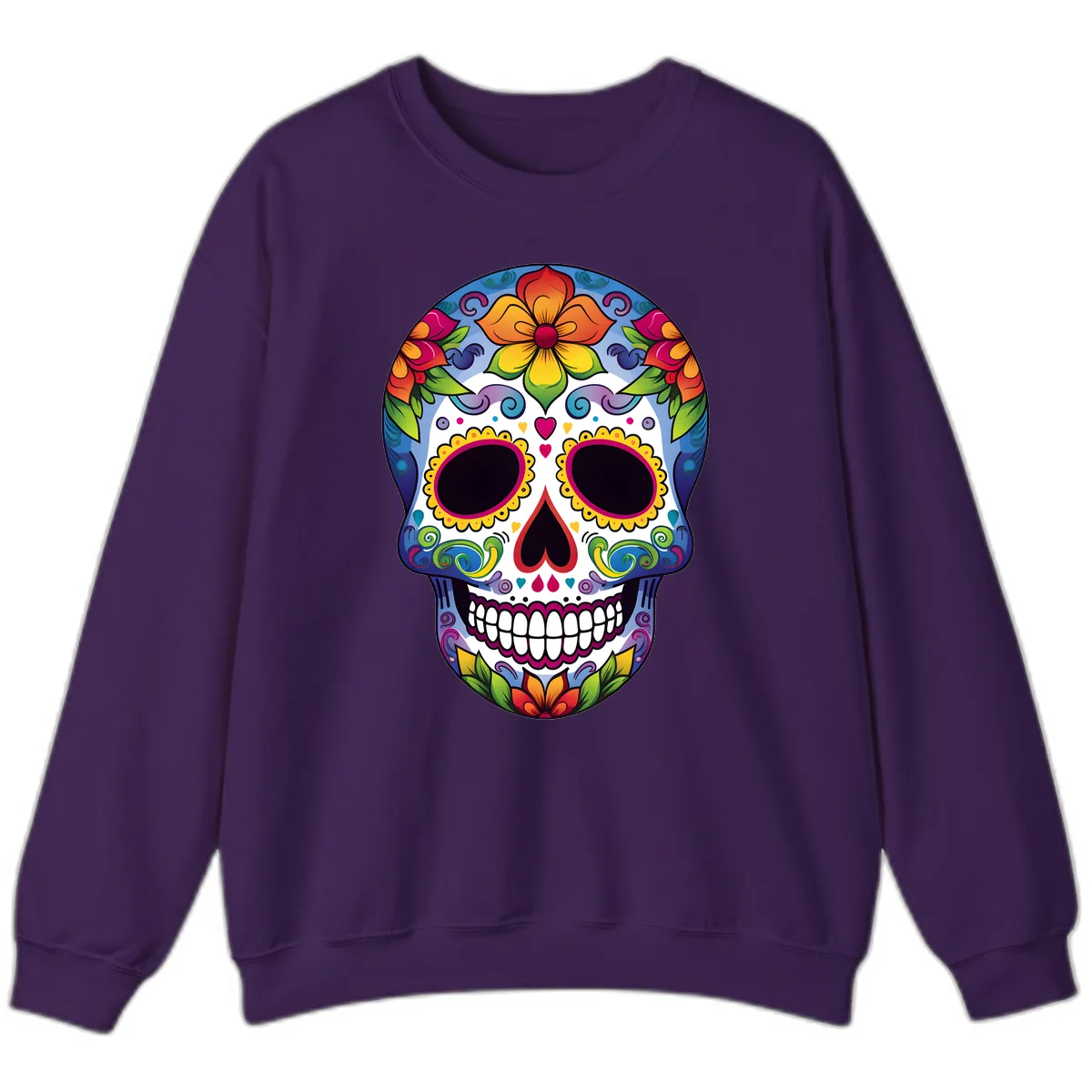 Vibrant Floral Calavera Sugar Skull Sweatshirt in Purple