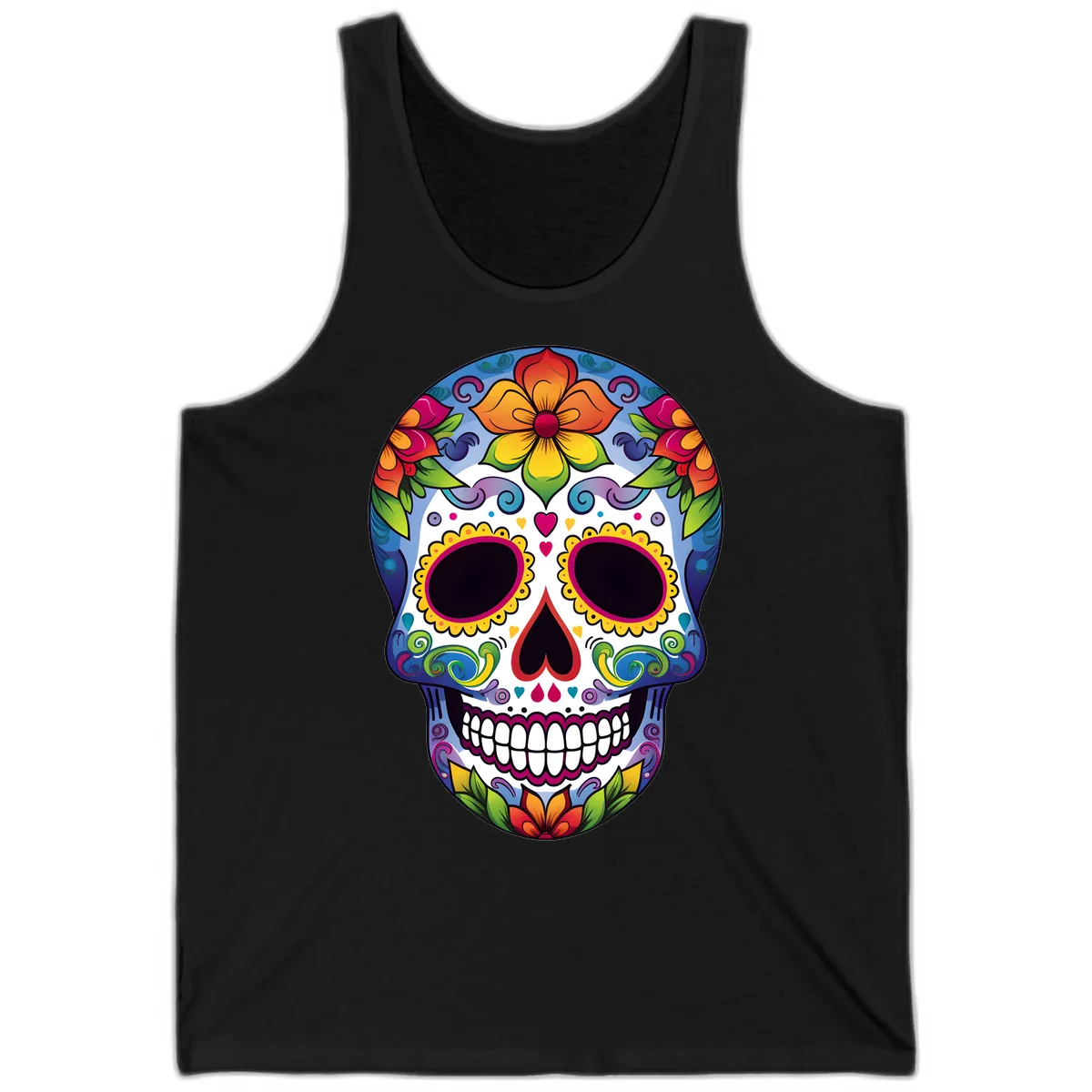 Vibrant Floral Calavera Sugar Skull Tank in Black