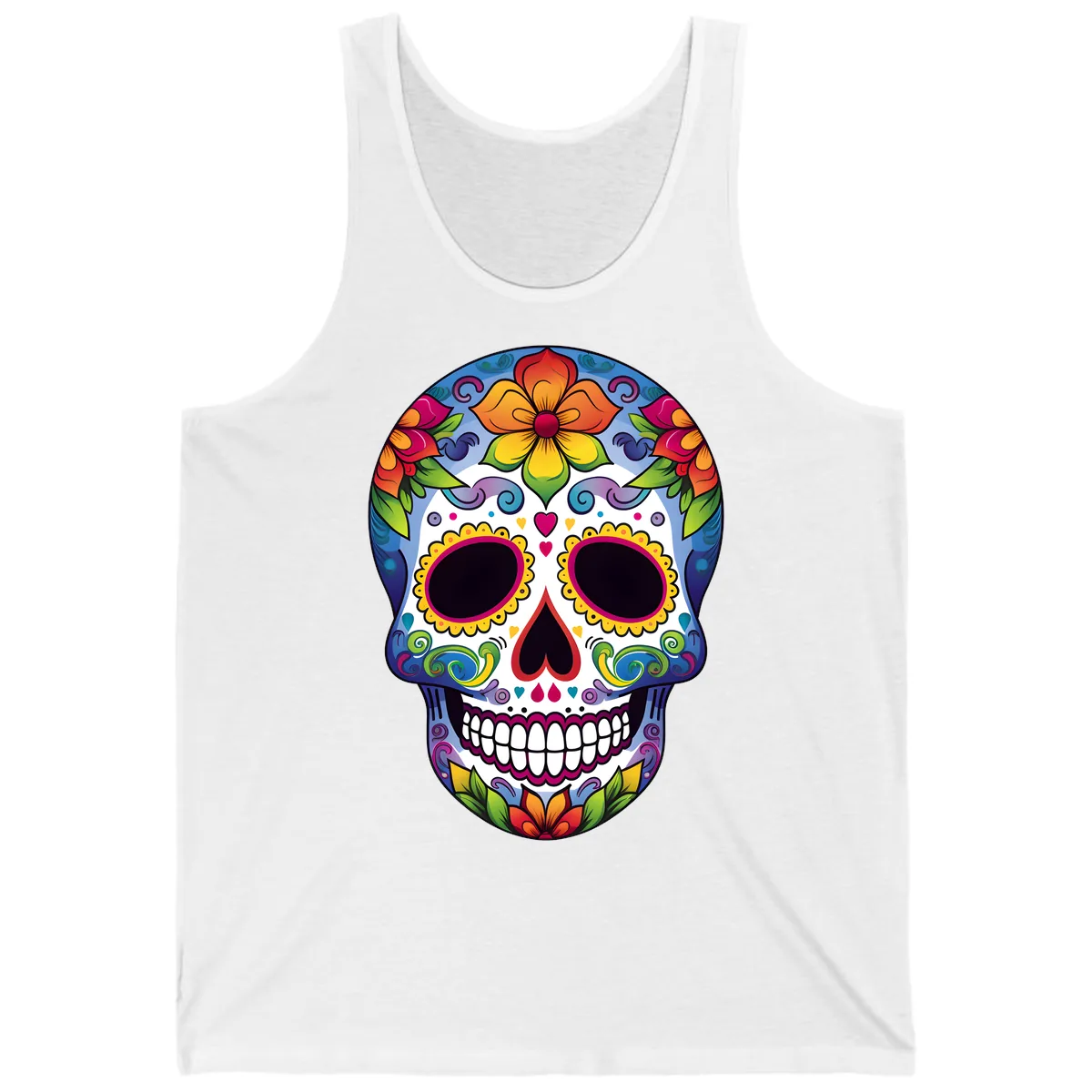Vibrant Floral Calavera Sugar Skull Tank in White
