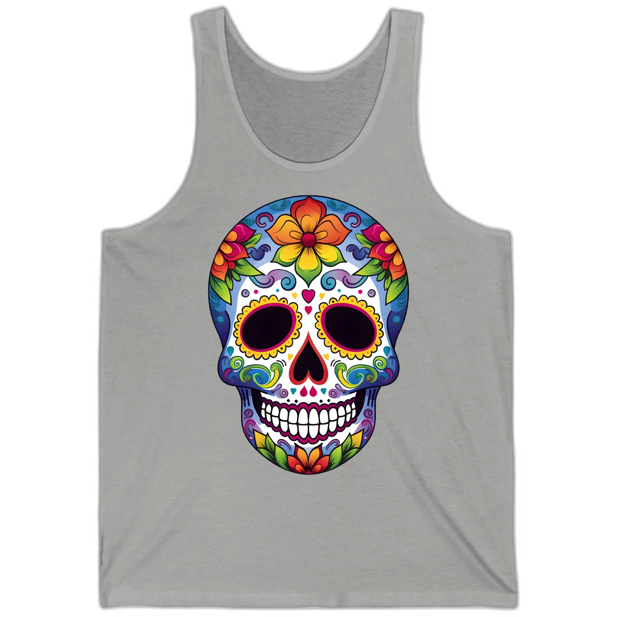 Vibrant Floral Calavera Sugar Skull Tank in Athletic Heather