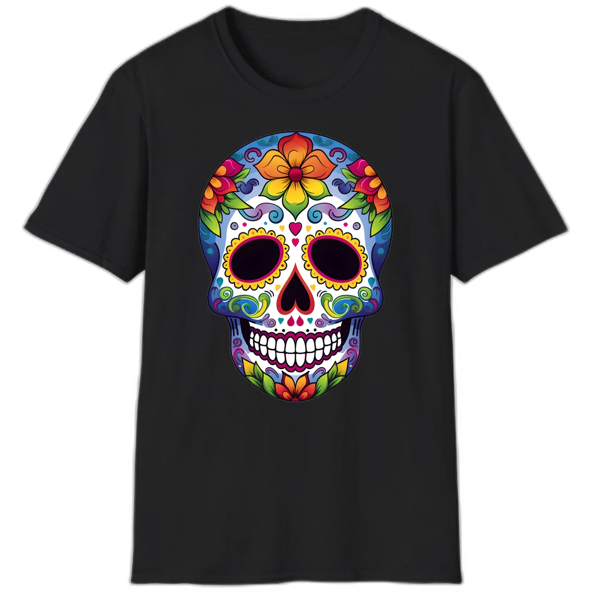 Vibrant Floral Calavera Sugar Skull T-Shirt in Black