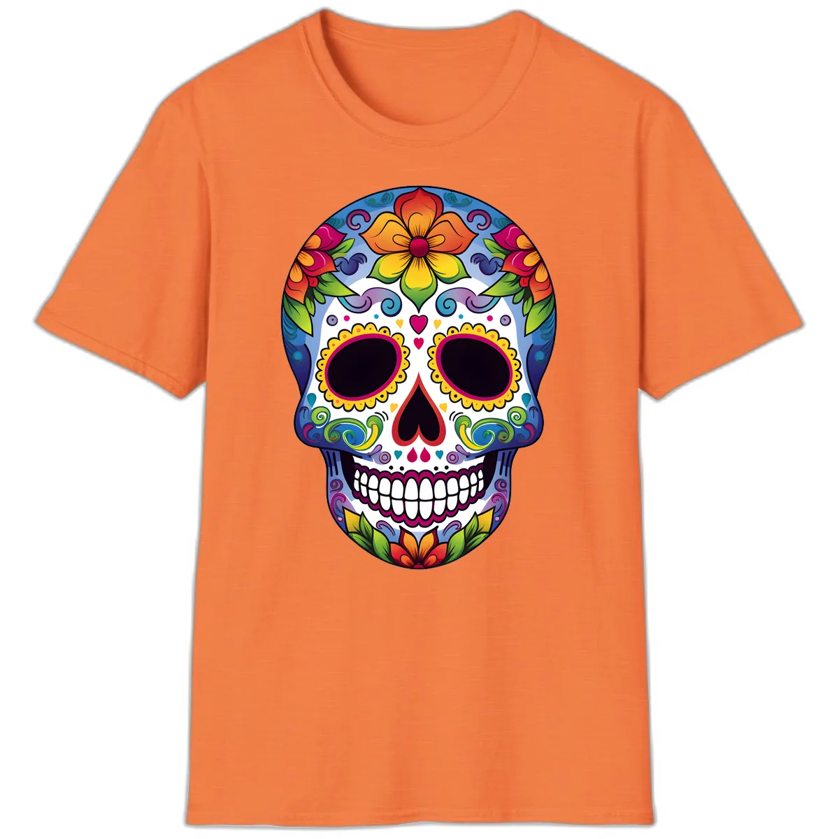 Vibrant Floral Calavera Sugar Skull T-Shirt in Heather Orange