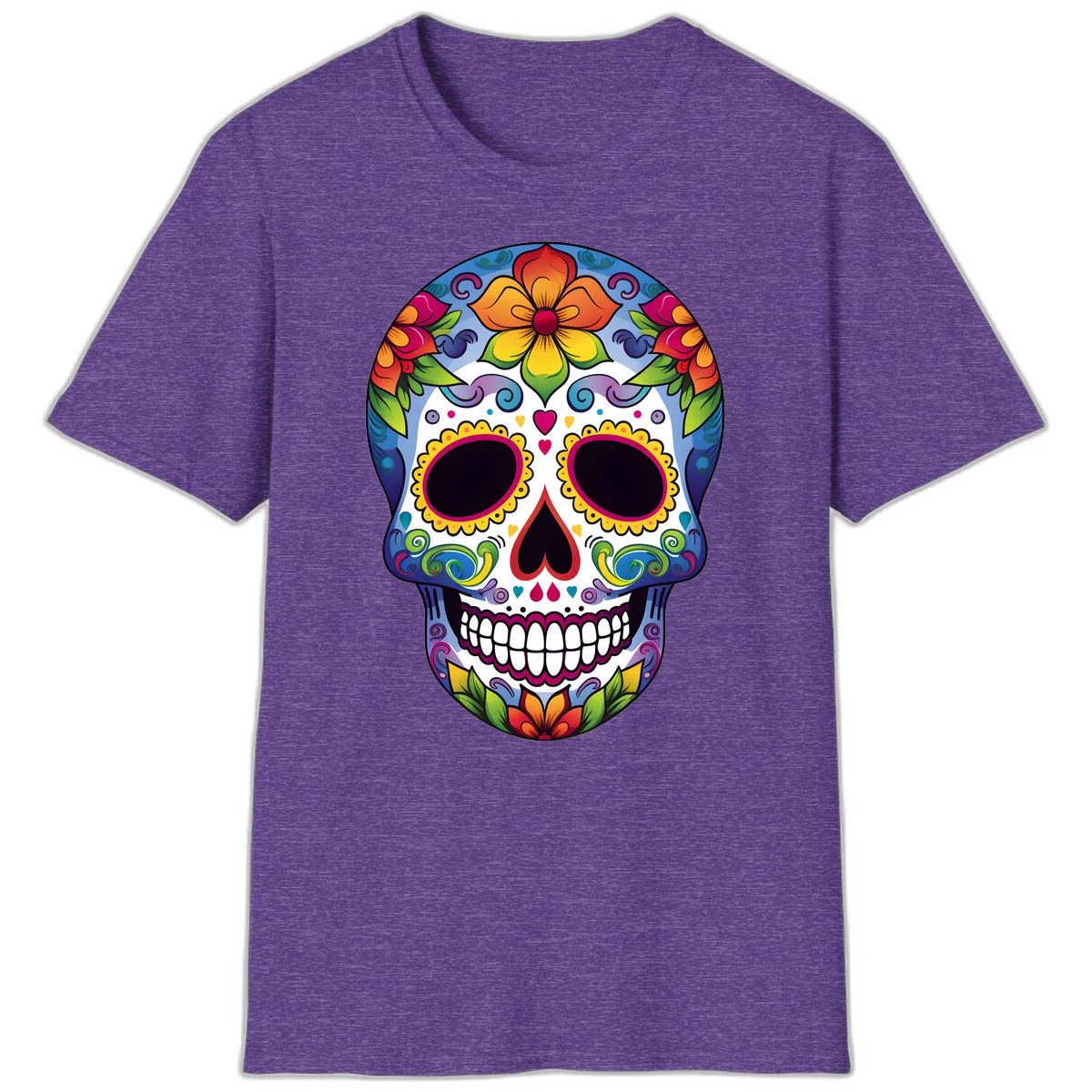 Vibrant Floral Calavera Sugar Skull T-Shirt in Heather Purple