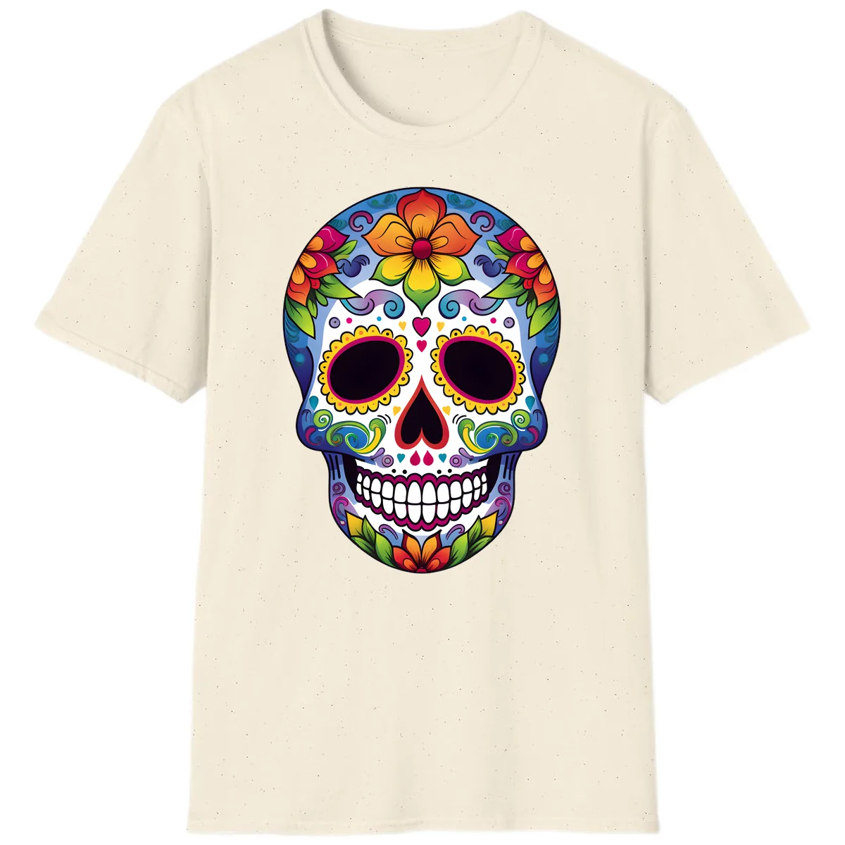 Vibrant Floral Calavera Sugar Skull T-Shirt in Natural