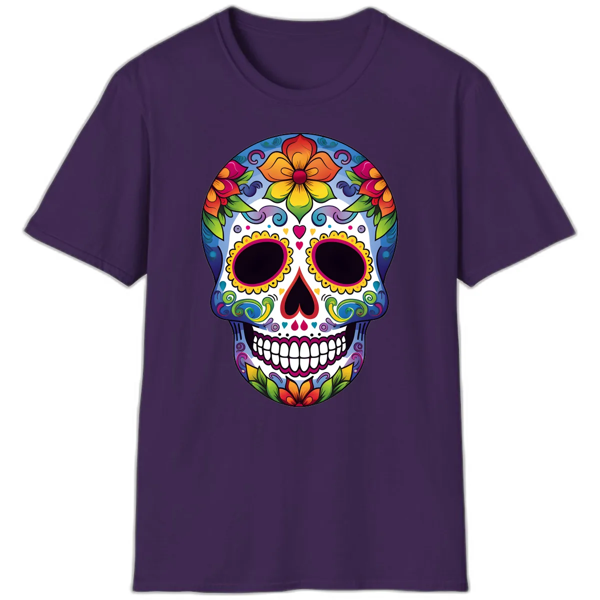 Vibrant Floral Calavera Sugar Skull T-Shirt in Purple