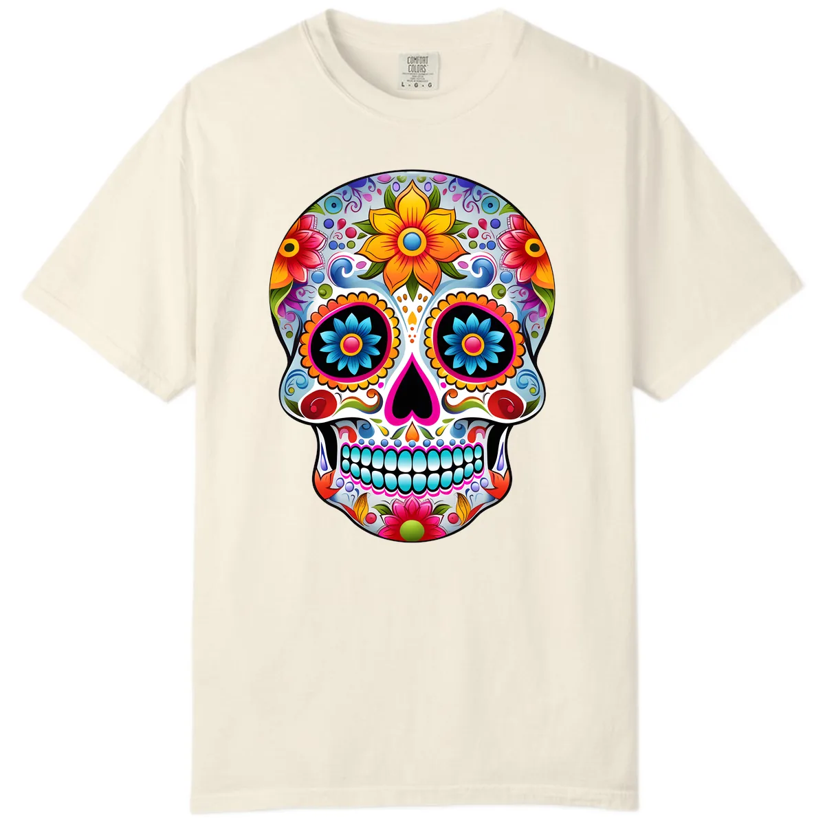 Vibrant Floral Calavera Sugar Skull Comfort Color in Ivory