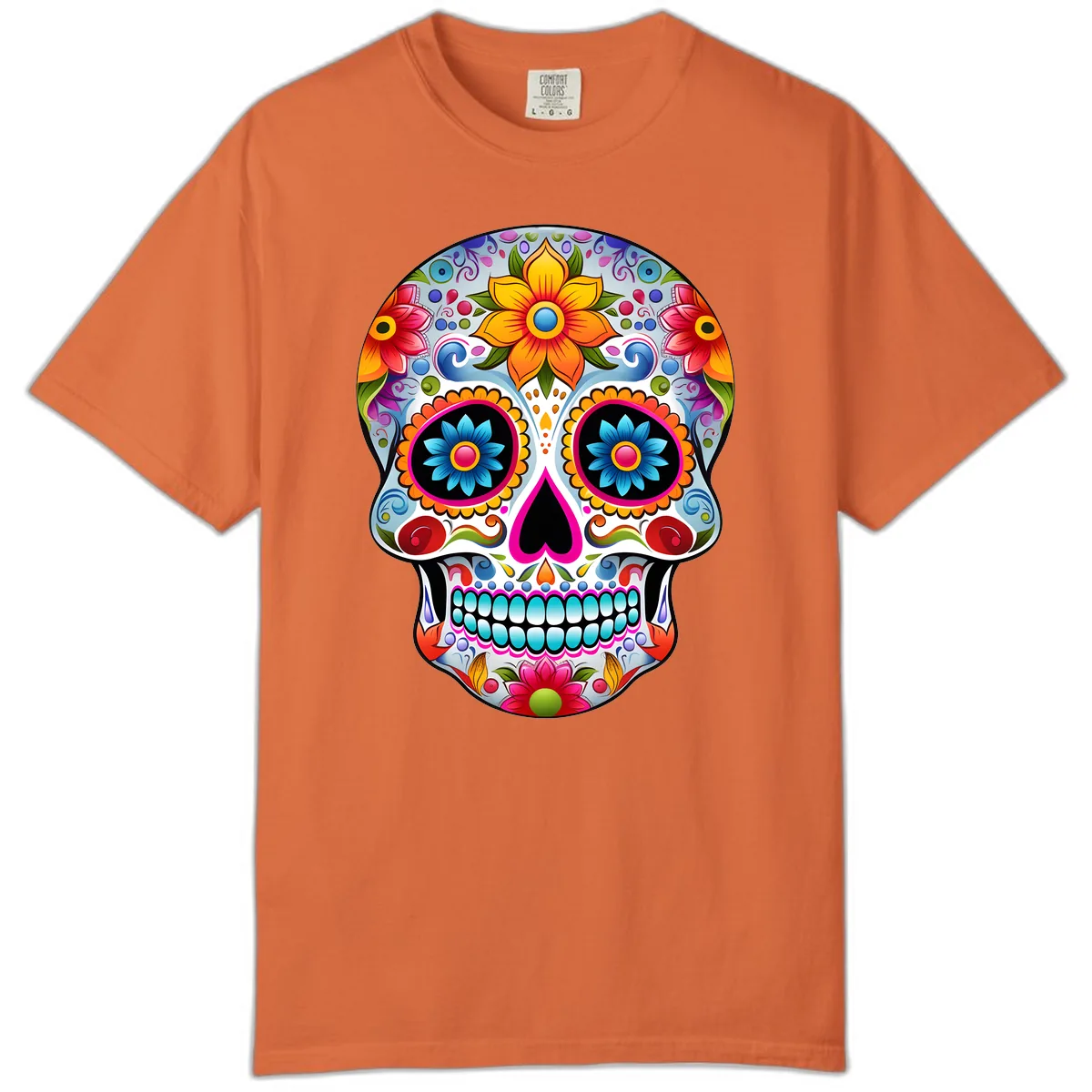 Vibrant Floral Calavera Sugar Skull Comfort Color in Burnt Orange