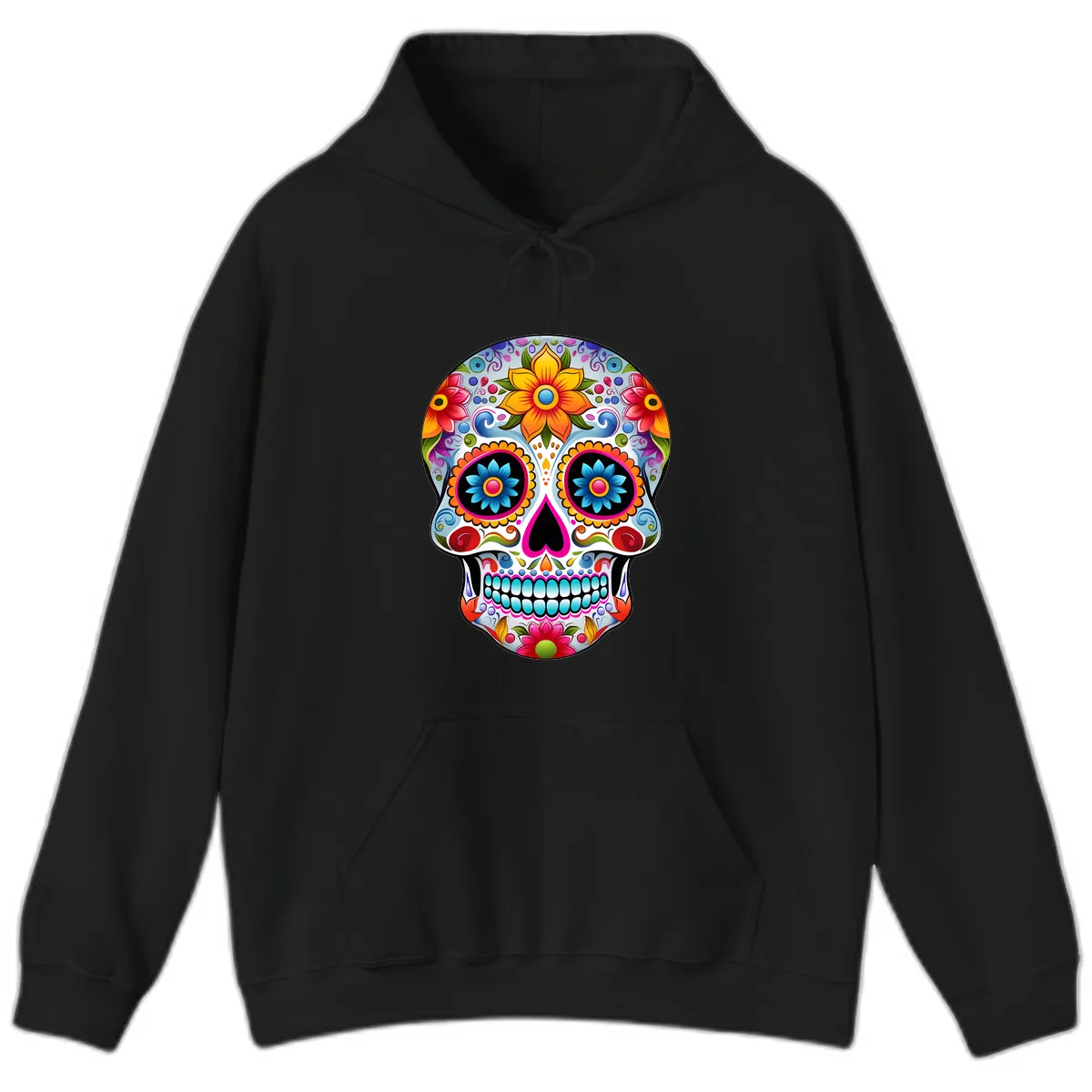Vibrant Floral Calavera Sugar Skull Hoodie in Black