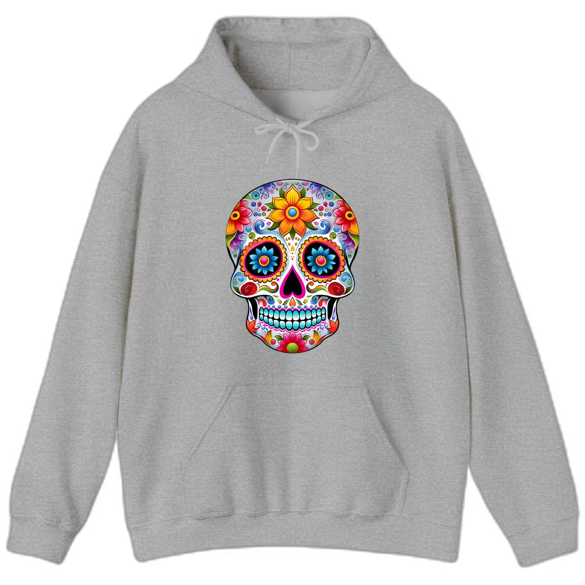 Vibrant Floral Calavera Sugar Skull Hoodie in Sport Grey