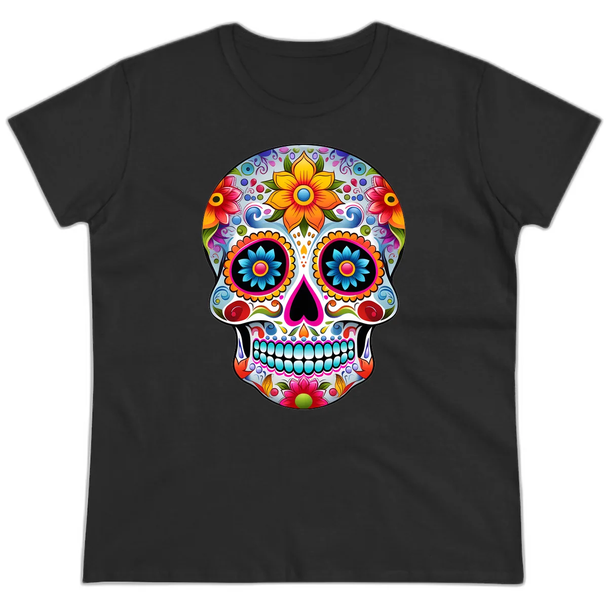 Vibrant Floral Calavera Sugar Skull Ladies Tee in Black