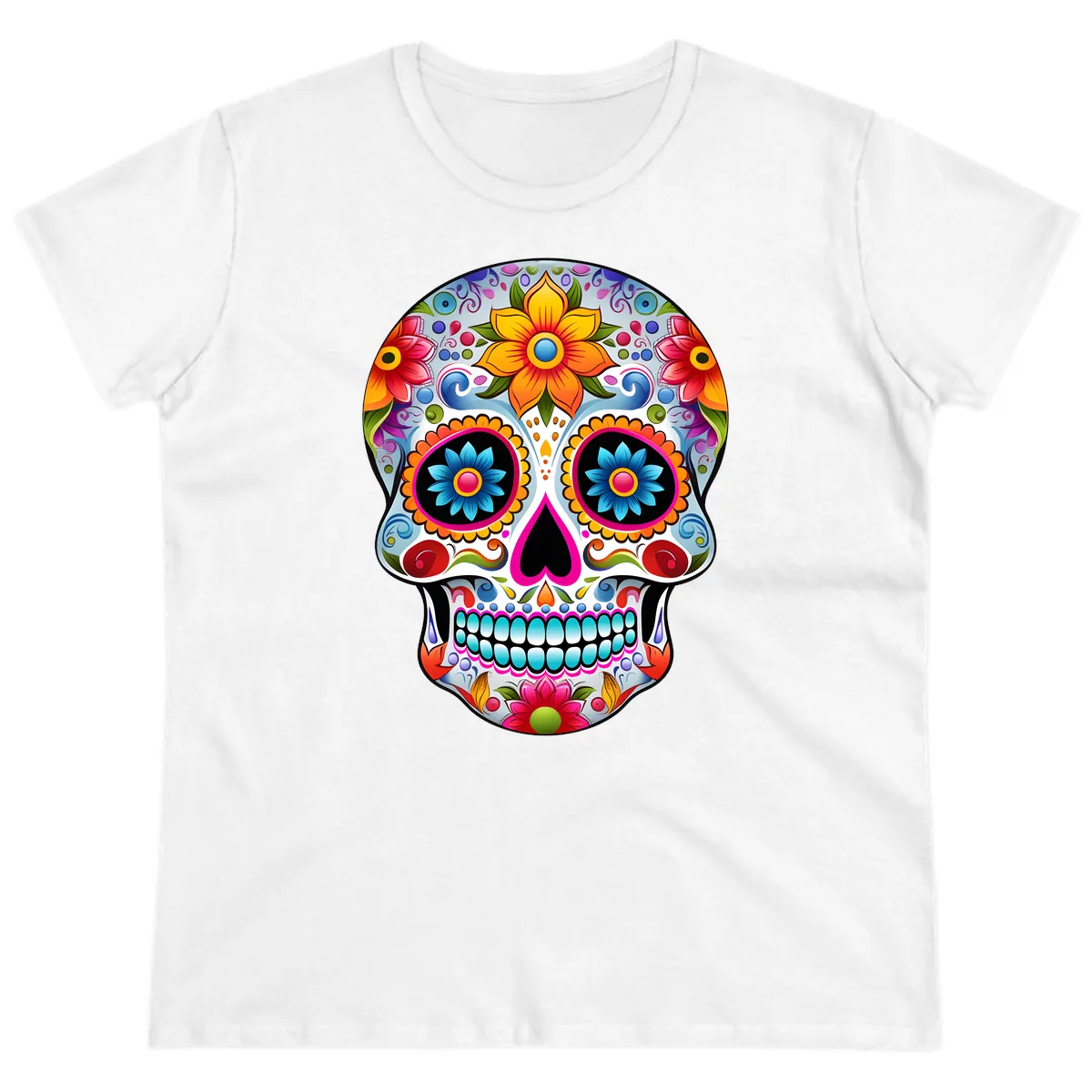 Vibrant Floral Calavera Sugar Skull Ladies Tee in White