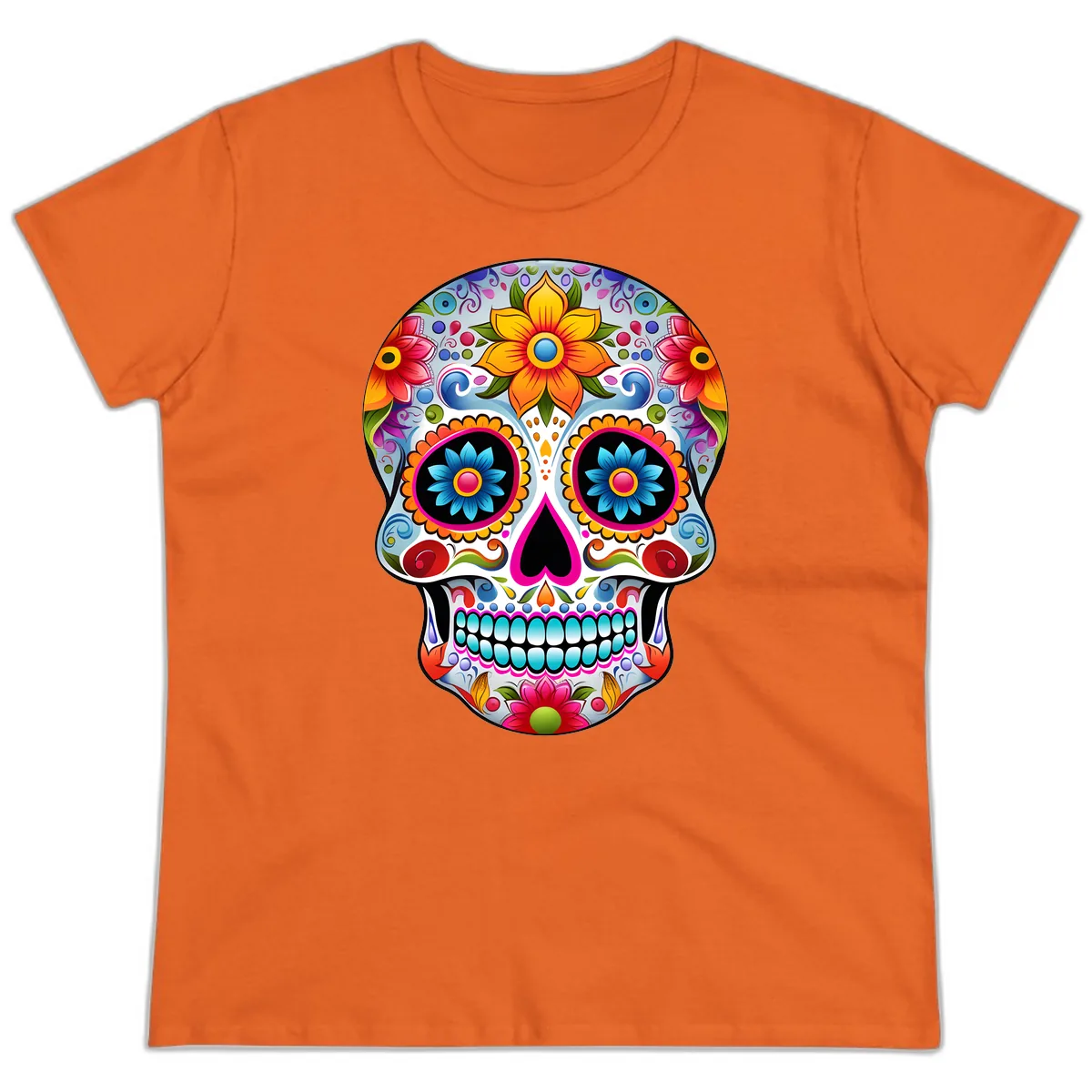 Vibrant Floral Calavera Sugar Skull Ladies Tee in Orange