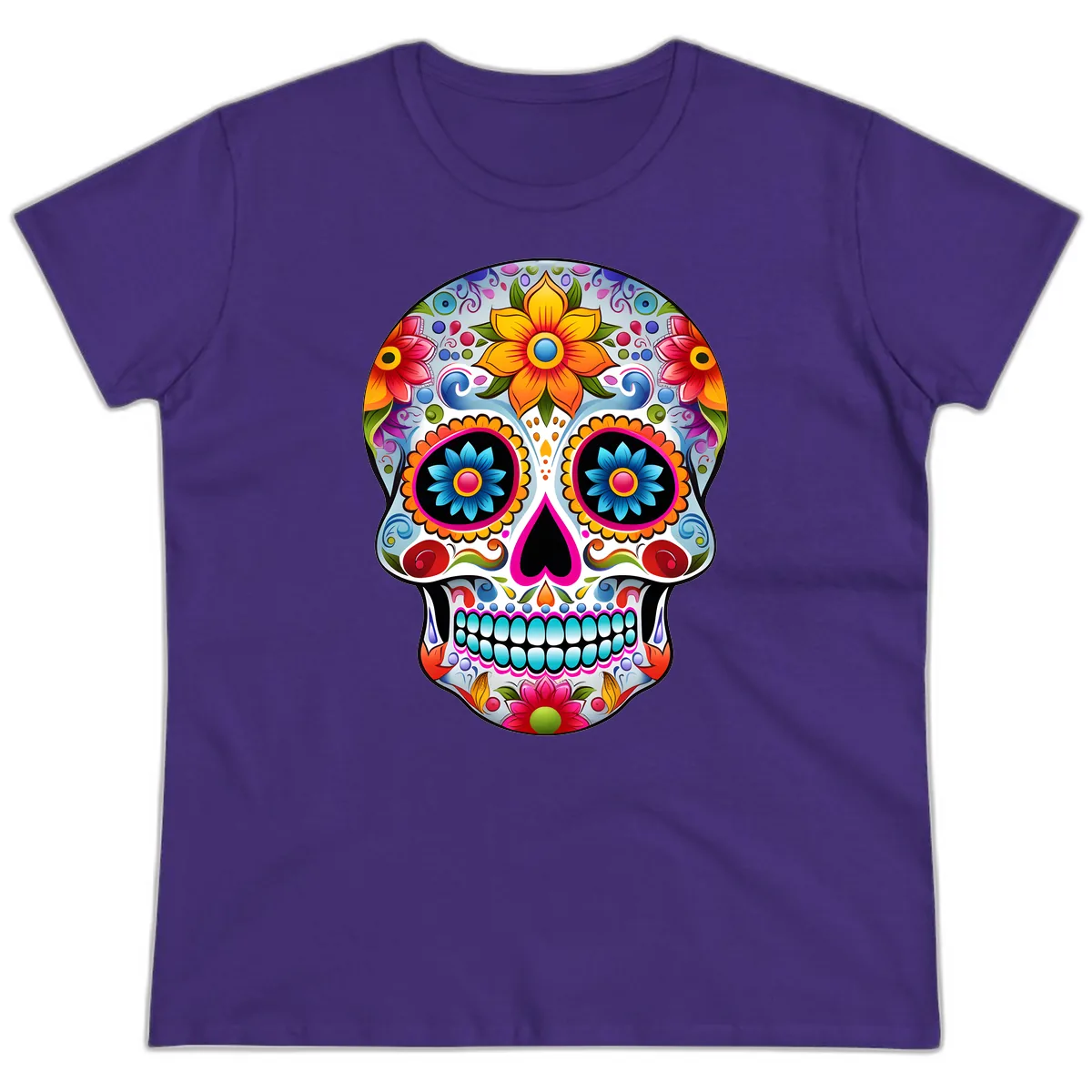 Vibrant Floral Calavera Sugar Skull Ladies Tee in Purple