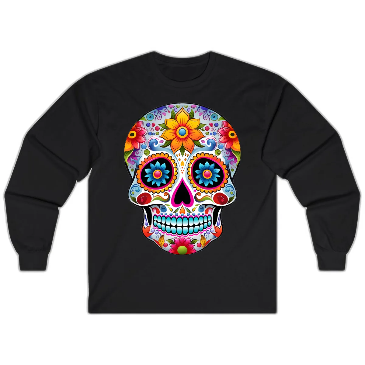 Vibrant Floral Calavera Sugar Skull Long Sleeve in Black