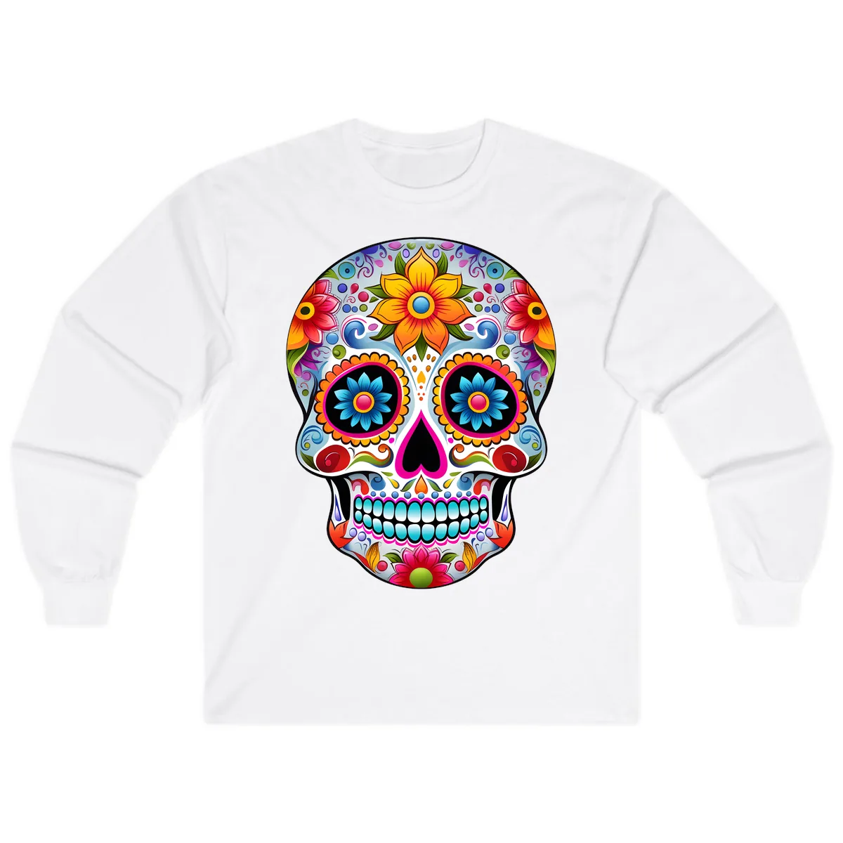 Vibrant Floral Calavera Sugar Skull Long Sleeve in White