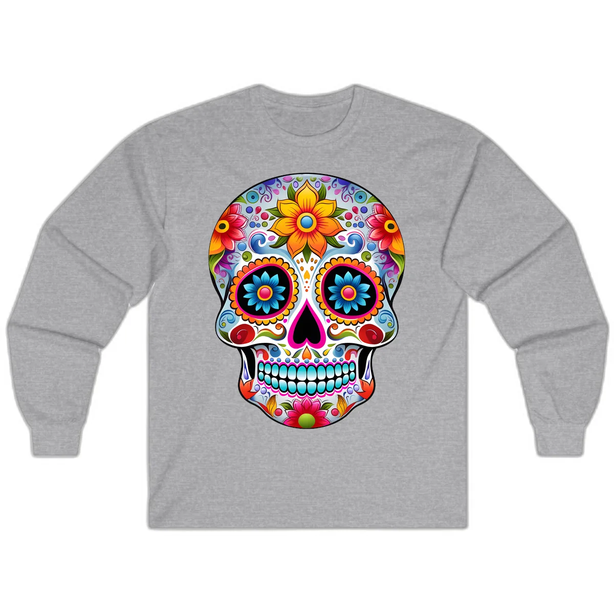 Vibrant Floral Calavera Sugar Skull Long Sleeve in Sport Grey