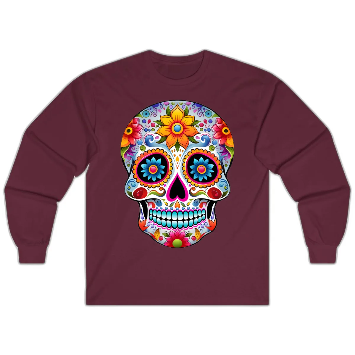 Vibrant Floral Calavera Sugar Skull Long Sleeve in Maroon